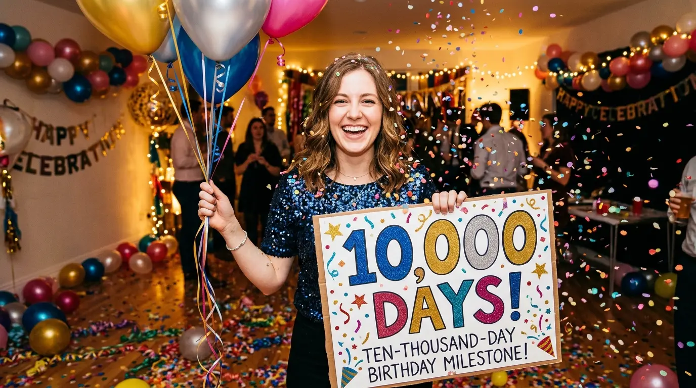 Person holding balloons and a sign that reads '10,000 Days' celebrating their ten-thousand-day birthday milestone surrounded by confetti