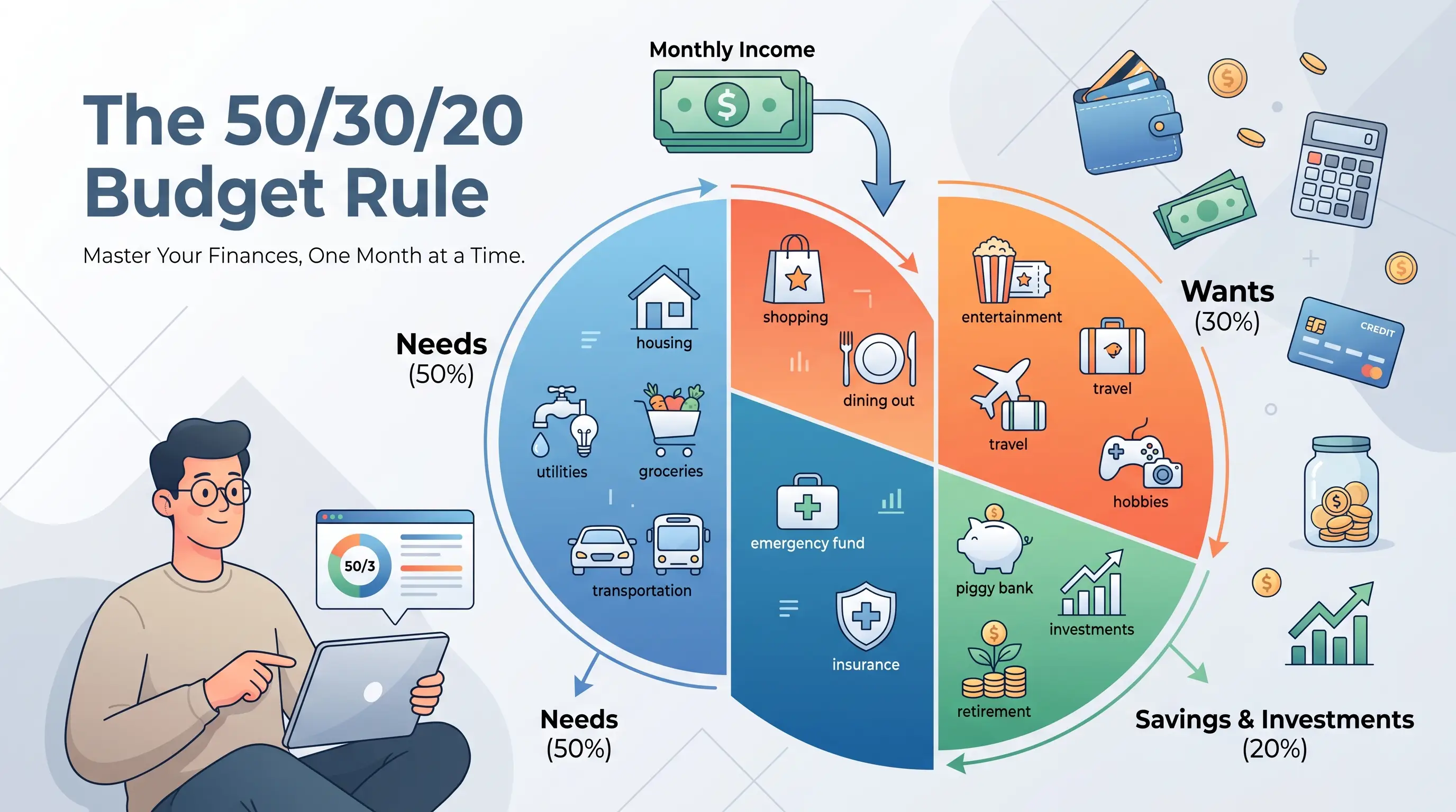 50/30/20 budget rule showing income divided into needs, wants, and savings