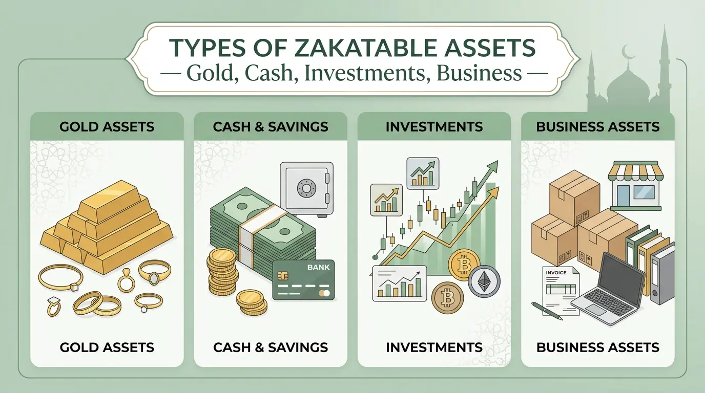 Types of zakatable assets — gold, cash, investments, business
