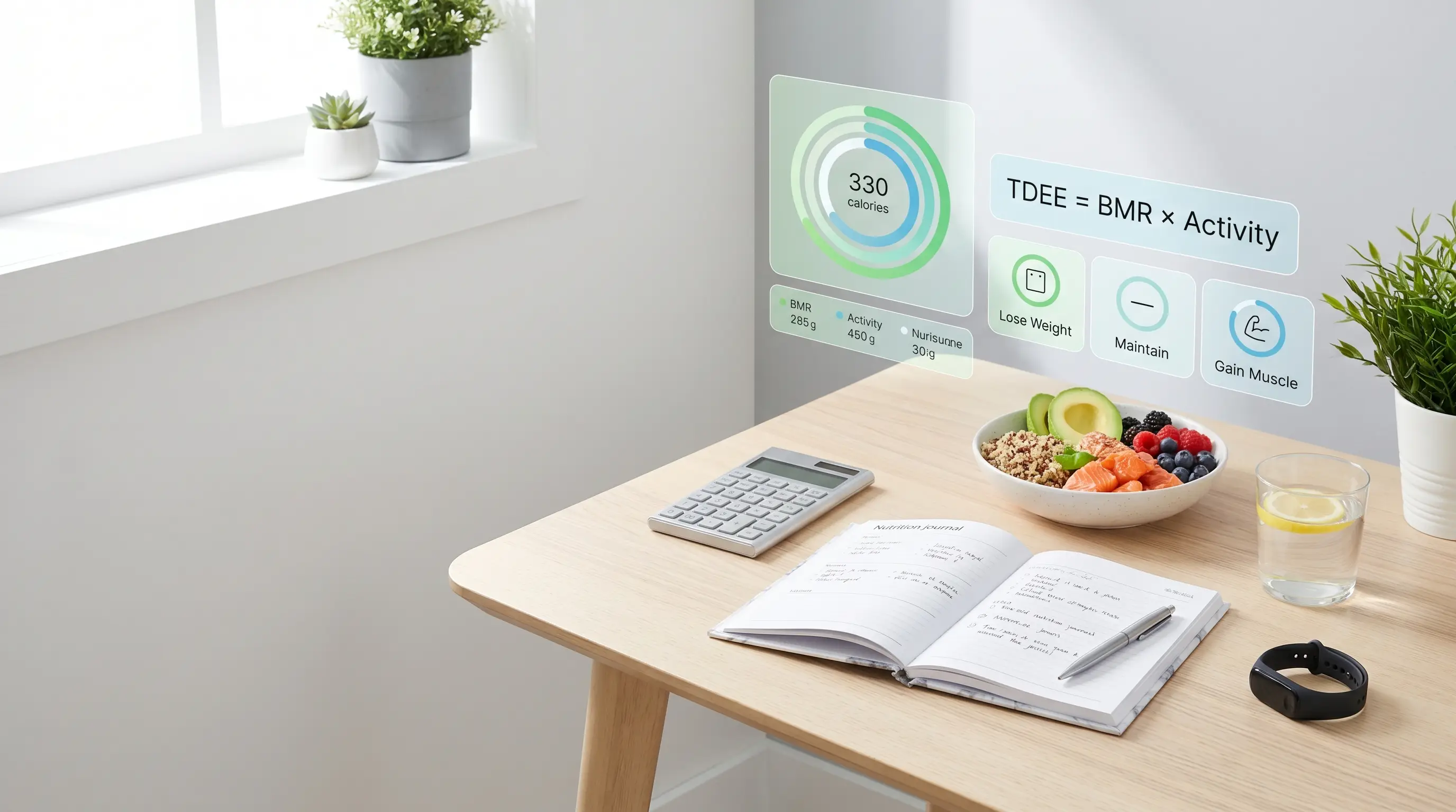 Daily calorie needs guide with healthy meal, calculator, nutrition journal, and BMR TDEE weight management visuals