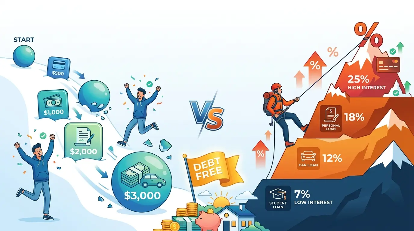 Debt snowball vs debt avalanche comparison showing two paths to becoming debt-free