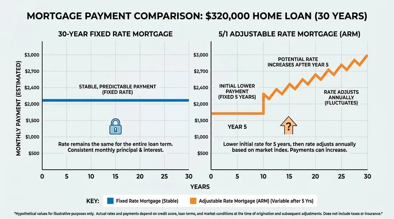 Comparison chart showing fixed rate mortgage as a stable flat line versus ARM with a lower initial rate that rises after the 5-year fixed period
