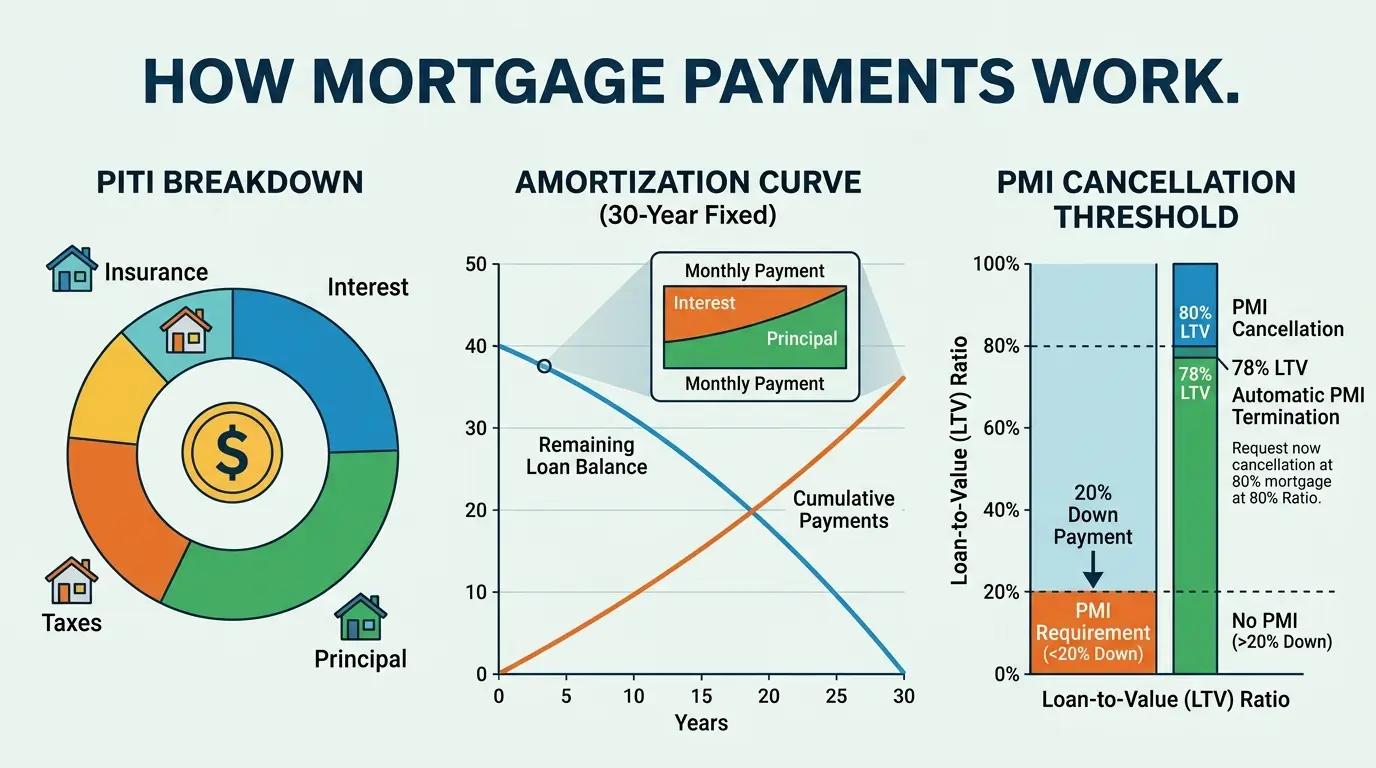 How mortgage payments work — PITI breakdown diagram showing principal, interest, tax and insurance with amortization chart