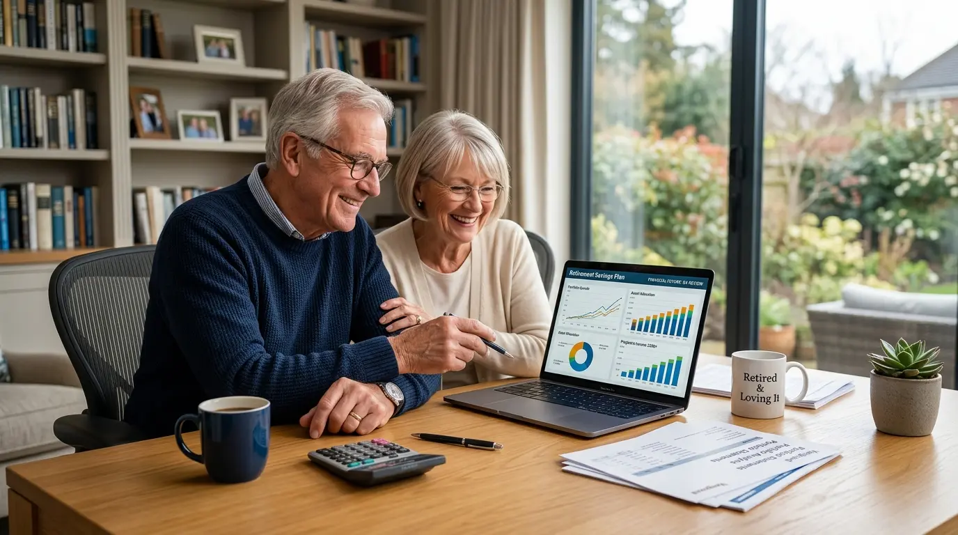 Retired couple reviewing retirement savings plan with financial charts
