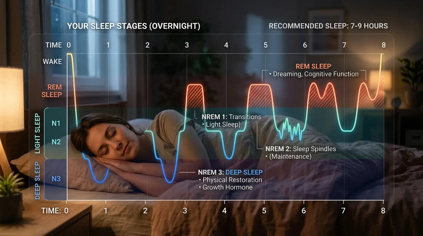How much sleep do I need — person sleeping with sleep stage diagram overlay and age recommendation chart