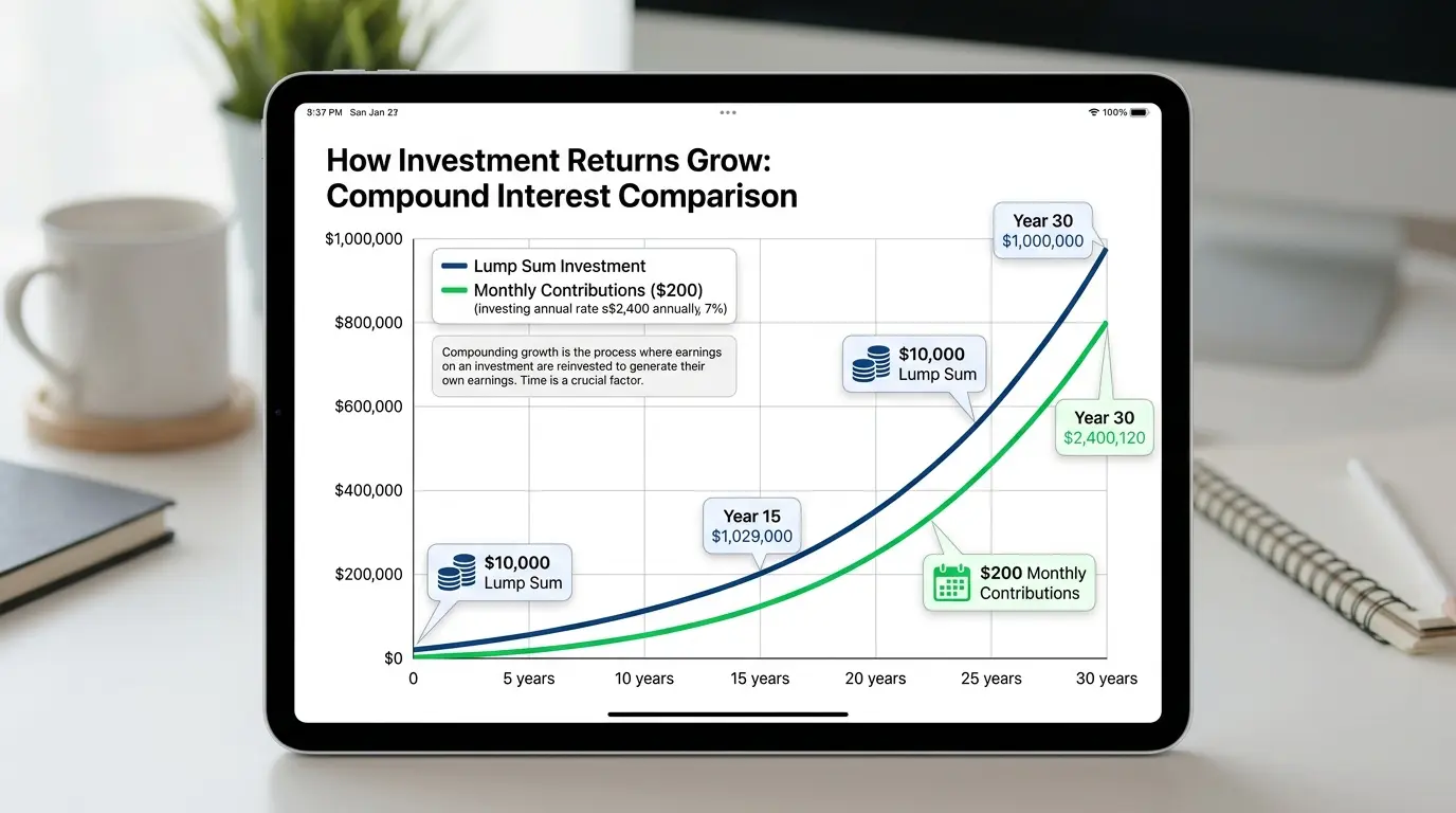 How to calculate investment returns — compound growth chart showing lump sum vs monthly investing comparison
