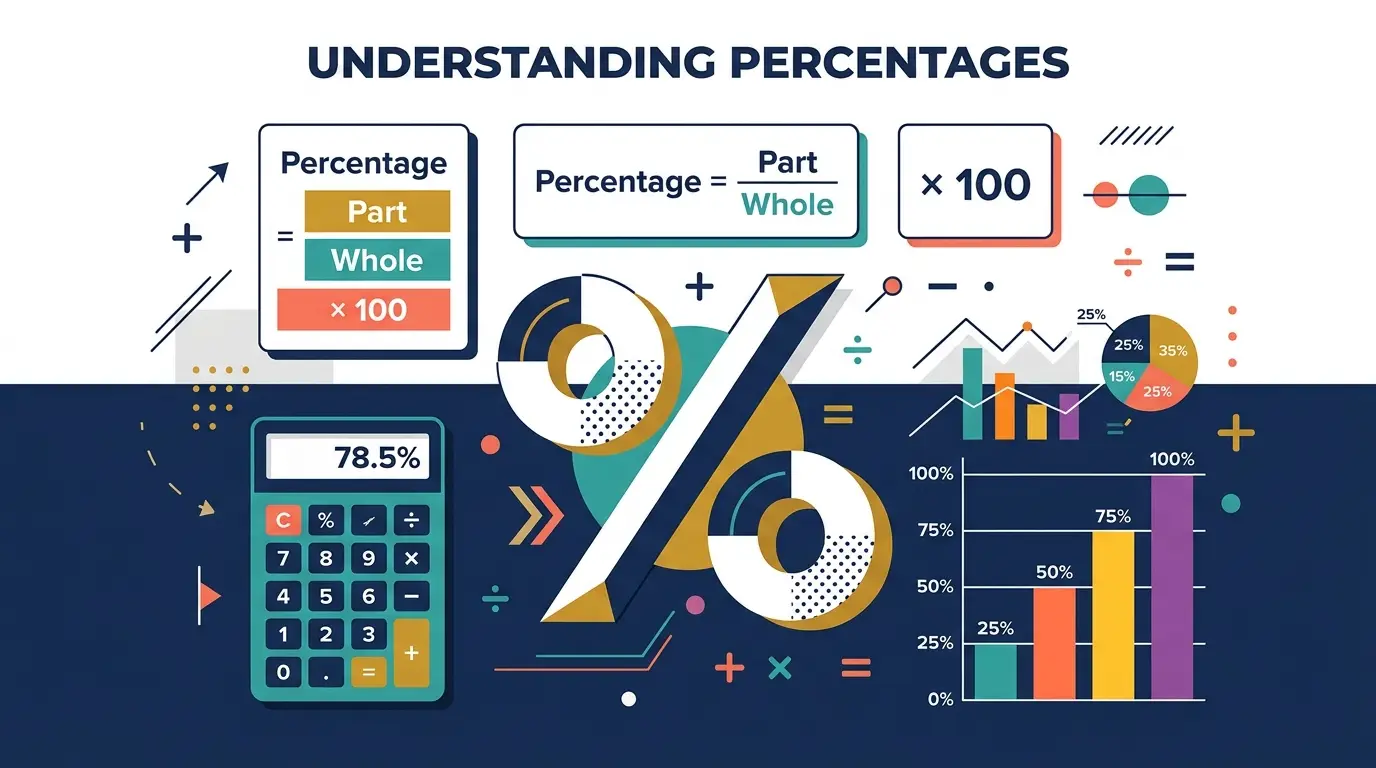 How to calculate percentage — formula guide with calculator, percentage sign, and bar charts explaining all 6 percentage types