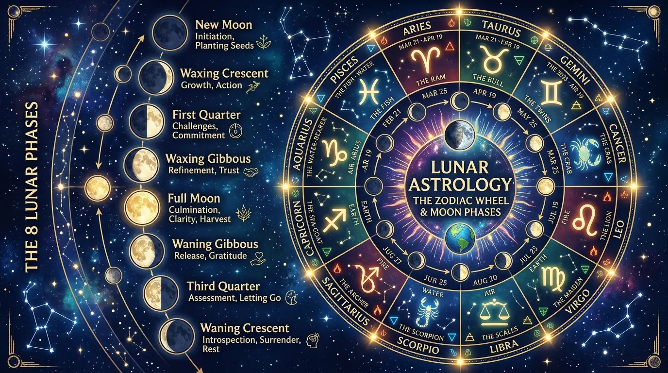 Moon phases illustrated alongside a zodiac wheel showing lunar astrology