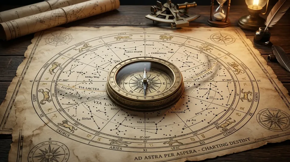 Star map and compass representing astrological chart navigation