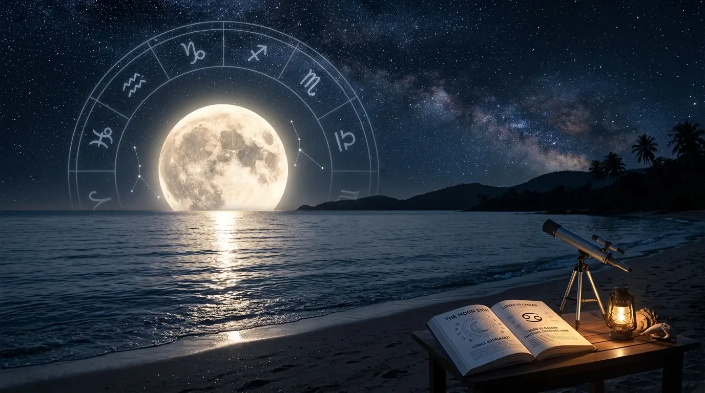Full moon rising over a calm ocean representing lunar astrology and moon sign meaning